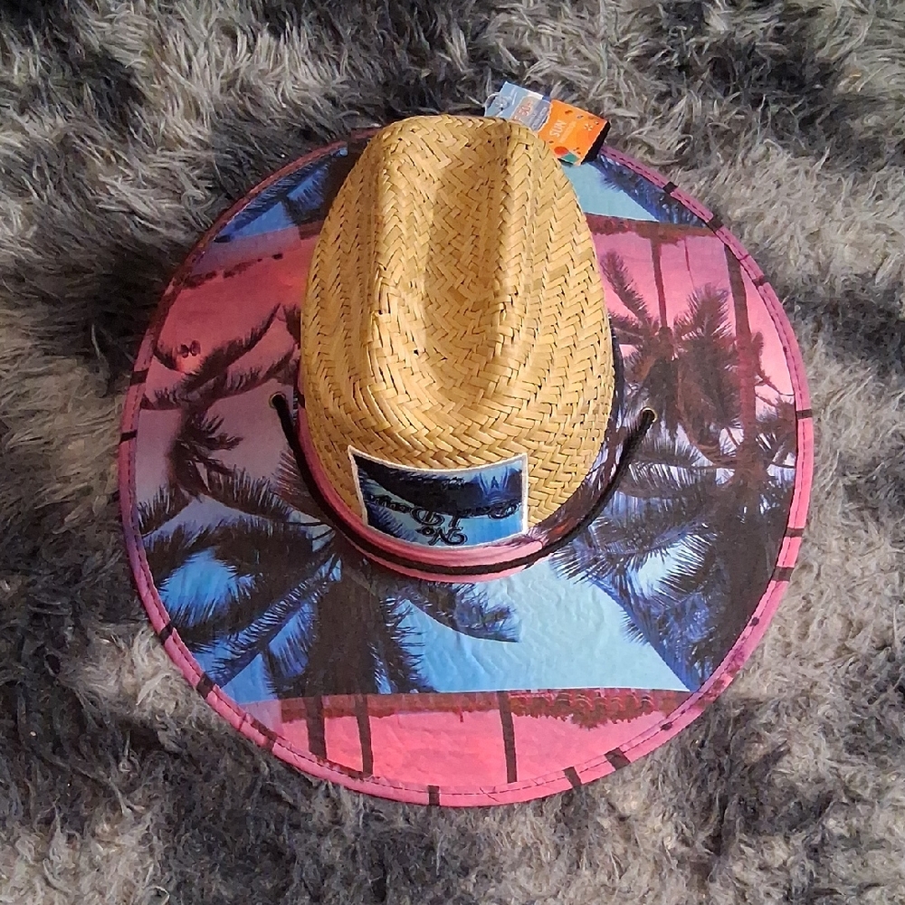 Straw Sun Hat with Tropical Print Brim